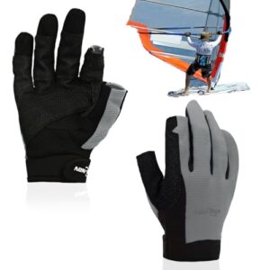 2XK-NOV hochgradig verschleißfeste Segelhandschuhe für Wassersport, zwei-fingerlose Ruderhandschuhe in Grau für Herren und Damen. Ideal für Segeln, Kajakfahren und Angeln.