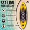 Aufblasbares Kajak Apollo Sea Lion in gelb-schwarzer Farbgestaltung, geeignet für bis zu 2 Personen, mit robustem Design und leichter Transportfähigkeit.