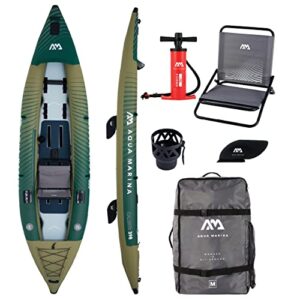 Aqua Marina Caliber 398 Anglerkajak in mattem Olivgrün mit roter Handpumpe, faltbarem Sitz und Zubehör, ideal für 1-2 Personen beim Angeln auf dem Wasser.