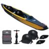 Aqua Marina Tomahawk AIR-K Hochdruck Drop-Stitch Premium Aufblasbares Kajak für 2 Personen in Marine-Gelb mit ergonomischen Sitzen und Zubehör wie Handpumpe und Finnen.