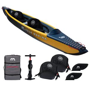 Aqua Marina Tomahawk AIR-K Hochdruck Drop-Stitch Premium Aufblasbares Kajak für 2 Personen in Marine-Gelb mit ergonomischen Sitzen und Zubehör wie Handpumpe und Finnen.
