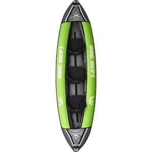 Aquamarina Laxo-380 Kajak in grün-schwarzer Farbgestaltung, ideal für bis zu 3 Personen, geeignet für Freizeitaktivitäten auf Seen und Flüssen.