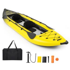 Aufblasbares Kajak für 2 Personen in Gelb mit Aluminiumrudern und gepolsterten Sitzen, ideal für Wassersport und Abenteuer auf dem Wasser.
