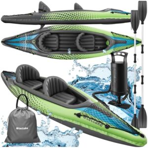 Aufblasbares Kajak für zwei Personen in grün-blauer Farbe mit sportlichem Design, ausgestattet mit Doppelpaddeln und Transporttasche, ideal für Wassersport und Freizeitaktivitäten.