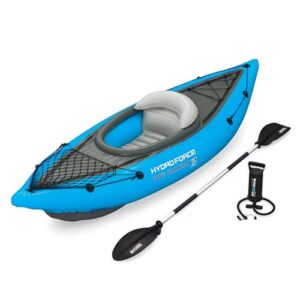 Bestway Hydro-Force Kajak-Set Cove Champion X1 in lebendigem Blau, ideal für Outdoor-Abenteuer auf ruhigen Seen oder sanften Strömungen, ausgestattet mit Aluminium-Paddel und aufblasbarem Cockpit.