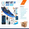 Produktübersicht des Bluefin Ranger aufpumpbaren Kajaks mit Zubehör, einschließlich aufpumpbarer Sitze, Paddeln, Pumpe und wasserdichter Handytasche.