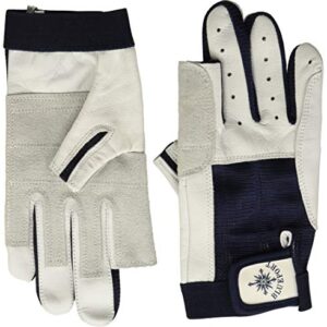 BluePort Erwachsene (Unisex) Segelhandschuhe aus Leder mit zwei freien Fingern in Blau und Weiß, ideal für Segeln und Wasseraktivitäten, aus atmungsaktivem und robustem Ziegenleder.