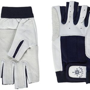 Unisex Segelhandschuhe aus Leder in Weiß und Dunkelblau mit 5-Finger frei Design, ideal für Segeln und sportliche Aktivitäten.