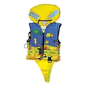 Gelbe Kinder-Rettungsweste mit maritimem Motiv aus verschiedenen Meerestieren wie Schildkröte und Seepferdchen, ideal für Sicherheit beim Schwimmen und Bootfahren für Kinder von 15-30 kg.