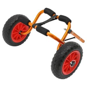 Faltbarer Kajakwagen aus Aluminium mit robusten Schaumstoffrädern und maximaler Tragfähigkeit von 80 kg für den einfachen Transport von Kajaks und Paddelboards.