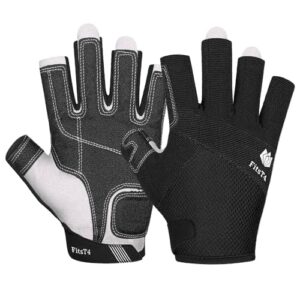 FitsT4 Sports Kajak Handschuhe in Schwarz, 3/4-Finger Design mit gepolsterter Handfläche und atmungsaktivem Mesh Rücken, ideal für Kajakfahren, Paddeln und Segeln.
