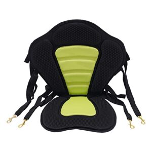 Gepolsterter Kajak-Sitz mit ergonomischer Rückenlehne, verstellbaren Gurten und Aufbewahrungstasche in Schwarz und Hellgrün.