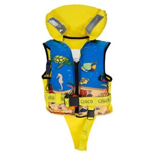 HonuNautic Feststoff Rettungsweste für Kinder in Gelb-Blau mit maritimem Motiv und reflektierenden Streifen für zusätzliche Sicherheit im Wasser.