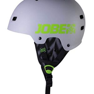 Jobe Base Wakeboard Helm in stylischem Grau mit abnehmbaren Ohr-Polstern und justierbarem Riemen für optimalen Tragekomfort und Sicherheit beim Wassersport.