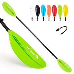 Farbenfrohes Kajakpaddel aus Aluminium mit ergonomischem Design in verschiedenen Farben, inklusive grün, schwarz, rot, blau, orange und gelb, ideal für Kajakfahren und Kanusport.