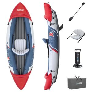 Bestway Hydro Force Kajak-Set Rapid X1 in grau mit blauen und roten Akzenten, inklusive Aluminium-Paddel, Handpumpe und Transporttasche für ein Person abgebildet.