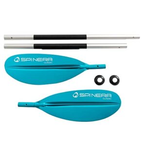 SPINERA Kayak Paddle Classic in cyanblauer Farbe, 4-teiliges Aluminium Paddel mit doppelblättrigem Design für Wassersportaktivitäten.