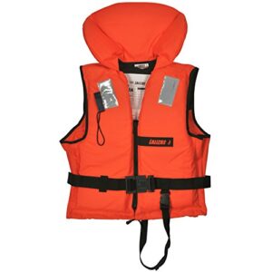 Helle Rettungsweste in fluoreszierendem Orange, designed für Erwachsene mit Sicherheitsmerkmalen wie verstellbarem Gurt und reflektierenden Streifen.