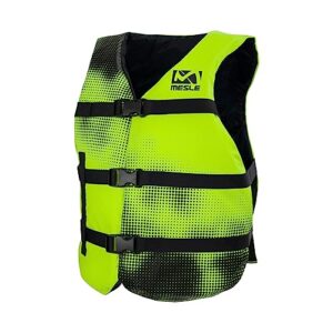 Mesle Schwimmweste für Erwachsene in leuchtend gelb-grüner Farbe, ideal für Wassersportarten wie SUP, Kanu und Wakeboard, mit drei verstellbaren Schnallen für optimalen Sitz und hoher Sichtbarkeit.