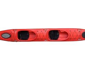 Modulares Kajak Emotion in leuchtendem Rot mit zwei Sitzen, ideal für Touren auf Seen und Flüssen, aus Vogelperspektive aufgenommen