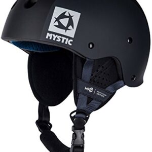 Schwarzer Mystic MK8 Helm für Wassersport einschließlich Surfen, Kiten und Wakeboarden, bietet Sicherheit und Komfort mit verstellbaren Polstern und atmungsaktiven Bereichen.