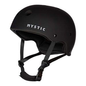 Schwarzer Mystic Watersports MK8 Wassersporthelm mit aerodynamischem Design und verstellbarem Kinnriemen, ideal für Kitesurfen, Windsurfen und Kajakfahren.