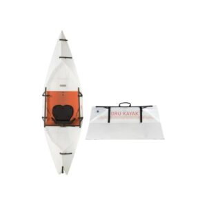 Das Oru Kayak Lake, ein leichtes und stabiles faltbares Kajak, dargestellt in aufgebautem und zusammengeklapptem Zustand, ideal für Freizeitpaddeln auf Seen und Flüssen.
