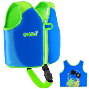 Neopren Schwimmweste für Kinder im Alter von 1 bis 9 Jahren, in Blau mit leuchtend grünen Elementen, sorgt für Sicherheit und Komfort beim Schwimmen.