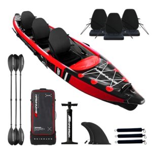 SKINHAWK Premium Drop Stitch Kajak 490 in leuchtendem Rot, ausgestattet mit ergonomischen Sitzen, Paddeln und Hochdruckluftpumpe für ein Abenteuer auf dem Wasser.