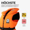 Leuchtende orangefarbene Rettungsweste für Kinder und Erwachsene, ausgestattet mit Sicherheitsmerkmalen wie Reflektoren und einem hohen Kragen, geeignet für Aktivitäten auf dem Wasser.