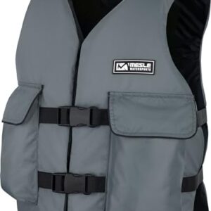 Graue Schwimmweste für Erwachsene, ideal für Wassersport wie Angeln und Bootfahren, mit zwei großen Taschen und verstellbaren Gurten für optimale Passform und Sicherheit.