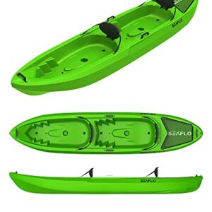 Zweisitzer Kajak in leuchtendem Grünton, ideal für Abenteuer auf ruhigen Gewässern, mit ergonomischen Sitzen und stabiler Form.