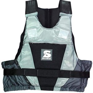 Secumar Jump Schwimmhilfe für Kajakfahrer in Schwarz und Grau, designed für Personen von 90 bis 120 kg, bietet Sicherheit und Komfort beim Wassersport.