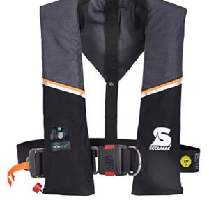 Secumar Ultra 170 automatische Rettungsweste 150N mit robustem Design für Wassersportler, in Schwarz und Grau, ausgestattet mit Sicherheitsmerkmalen und praktischem Schrittgurt.