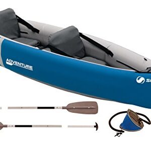 Aufblasbares Sevylor Kanu Adventure Kit für zwei Personen, geeignet für Freizeitaktivitäten auf Wasser mit Zubehör wie Paddeln und Schutzausrüstung.