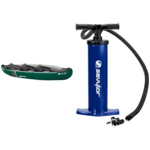 Aufblasbares Kajak Sevylor Adventure Plus und manuelle Luftpumpe in blau für 2+1 Personen, ideal für Wasserabenteuer