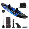 SKINHAWK Exclusiv Blau Kajak Set 380 mit zwei Sitzen, Paddeln, Transporttasche und Hochdruckluftpumpe für Wassersportabenteuer.
