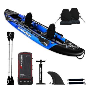 SKINHAWK Exclusiv Blau Kajak Set 380 mit zwei Sitzen, Paddeln, Transporttasche und Hochdruckluftpumpe für Wassersportabenteuer.