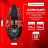 Das SKINHAWK Exclusiv Rot Kajak Set 380, ein aufblasbares Kajak für zwei Personen in auffälligem Rot und Schwarz, mit ergonomischen Sitzen und innovativem Drop Stitch Boden für maximale Stabilität und Komfort.