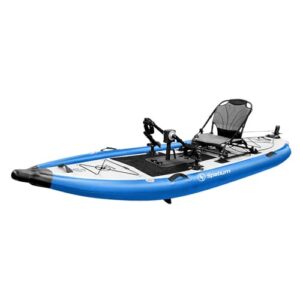 Aufblasbares Pedal-Kajak für Angler in blau, mit ergonomischem Sitz und innovativem Pedalsystem für komfortables Fischen auf dem Wasser.