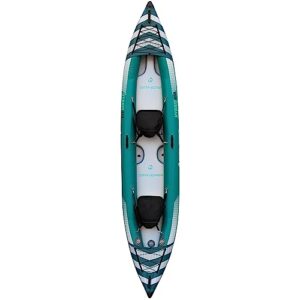 Spinera Hybris 410 aufblasbares Kajak für zwei Personen in Türkis und Weiß mit ergonomischen Sitzen und modernem Design.