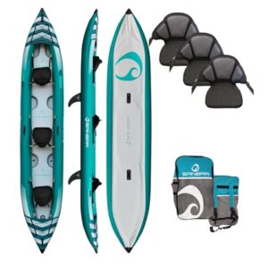 Spinera Kayak Hybris 475 in Türkis und Weiß mit ergonomischen Sitzen für bis zu 3 Personen, ideal für Wassersportabenteuer.