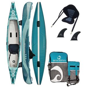 Aufblasboot SPINERA Molveno 380-385 cm für eine Person, geeignet für Wassersport und Freizeitaktivitäten, mit gepolstertem Sitz und verstellbaren Fußstützen.