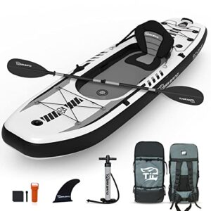 Aufblasbares Kajak Set mit abnehmbarem Sitz, Handpumpe, Aluminiumruder und Rucksack, perfekt für Angeln und Wassersportabenteuer.