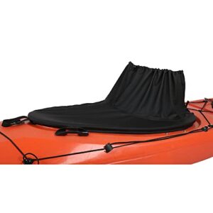 Wasserdichter Kajak-Spritzrock aus Nylon auf einem orangefarbenen Kajak, bietet Schutz vor Wasser und Wind für Kajakfahrer.