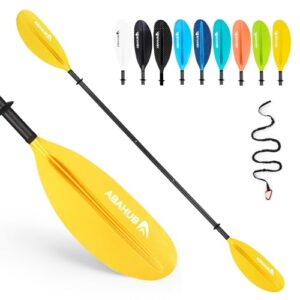 Abahub 3teiliges Kajakpaddel aus Carbon mit verstellbarer Länge von 220 cm bis 240 cm, schwarze Schaftfarbe und farbige Klingen in Gelb, Blau, Weiß, Orange, Grün, Türkis und Rosa, ideal für Kajakfahren und Ruderboot-Nutzung.