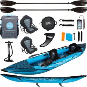 Aqua Spirit aufblasbares Kajak-Set für 1 oder 2 Personen mit Aluminium-Rudern; komplettes Kajak-Zubehör einschließlich Paddel, Rucksack und Handpumpe
