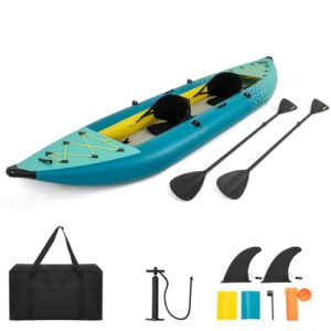 Aufblasbares Kajak für 2 Personen in Türkisblau mit zwei Aluminiumpaddeln, verstellbaren Sitzen und Zubehör wie Pumpe und Finnen, geeignet für Wassersport und Abenteuer.
