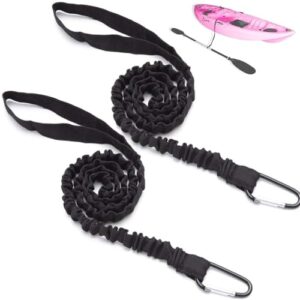 Zwei schwarze, elastische Kajak-Paddelleinen mit D-förmigem Karabinerhaken, ideal für Wassersport wie Kajakfahren und Angeln.