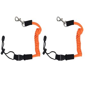 Zwei orangefarbene elastische Kajak Paddelleinen mit Karabinerhaken, ideal für die Sicherung von Paddeln und Angelausrüstungen beim Wassersport.